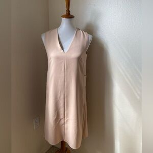 Sportmax Women’s V Neck Shift Dress Beige Size 2 Business Casual Pleat Detail